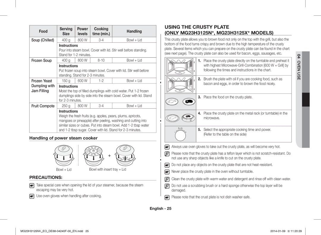 Samsung MG23H3125NK/EO manual Using the Crusty Plate, Handling of power steam cooker, Precautions 