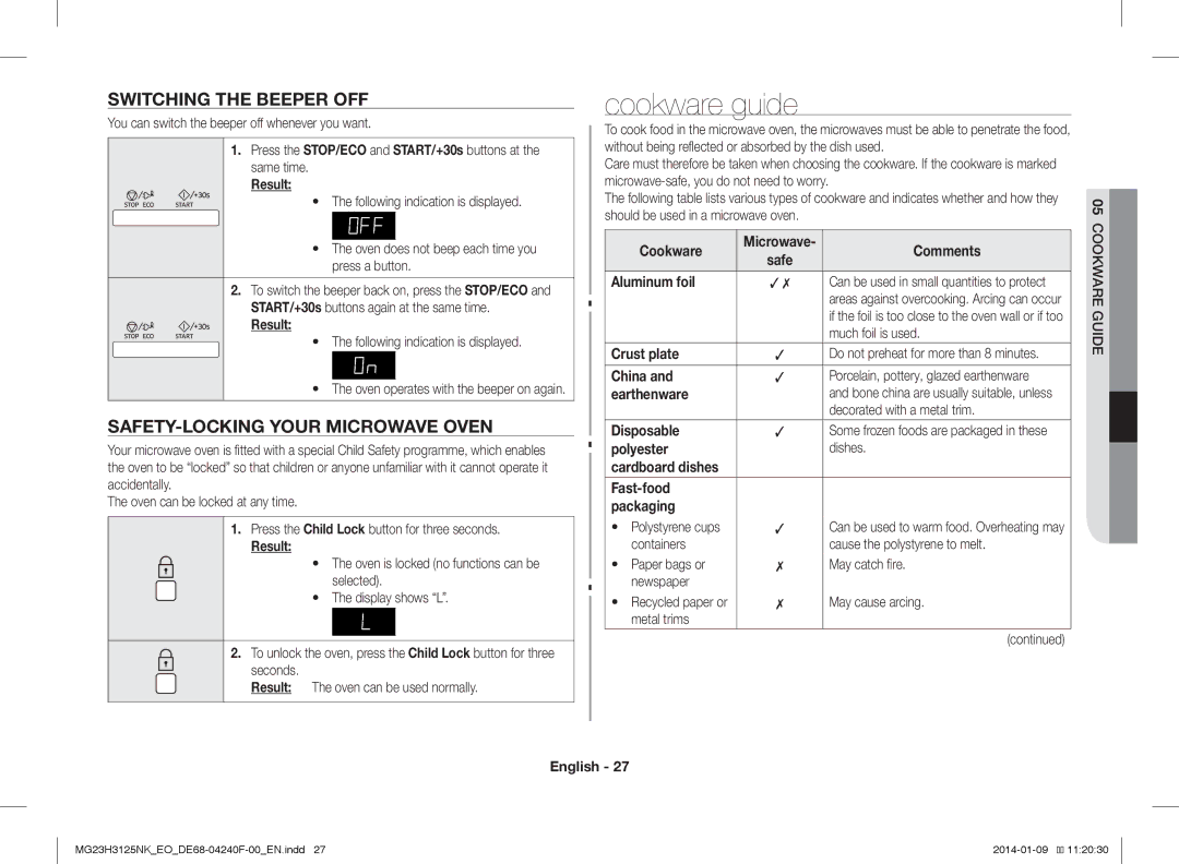 Samsung MG23H3125NK/EO manual Cookware guide, Switching the Beeper OFF, SAFETY-LOCKING Your Microwave Oven 