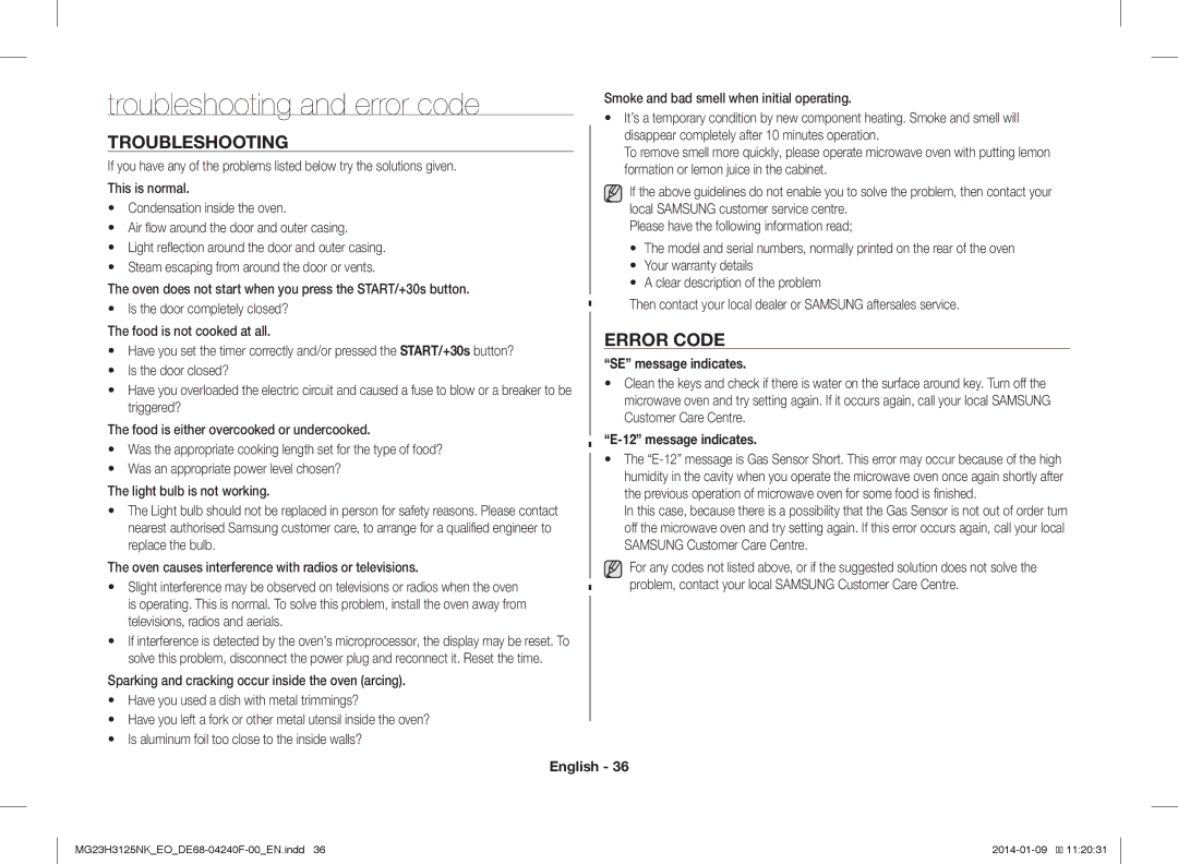 Samsung MG23H3125NK/EO manual Troubleshooting and error code, Error Code, SE message indicates, Message indicates 