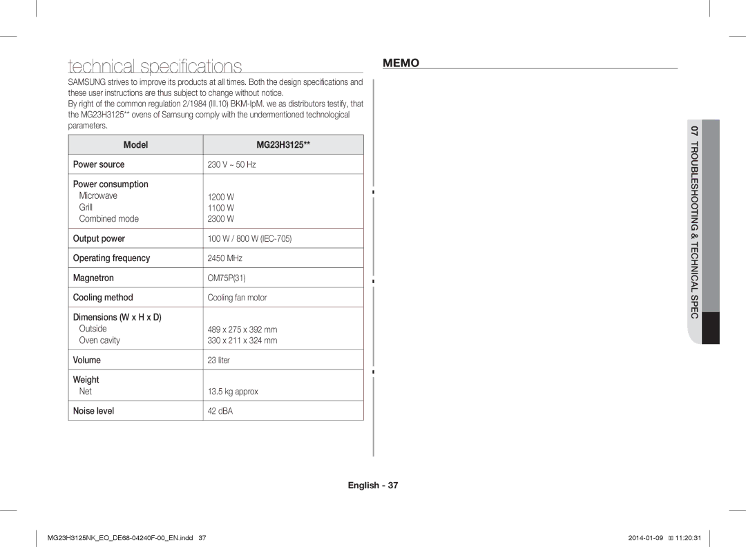 Samsung MG23H3125NK/EO manual Technical specifications, Memo, Parameters 