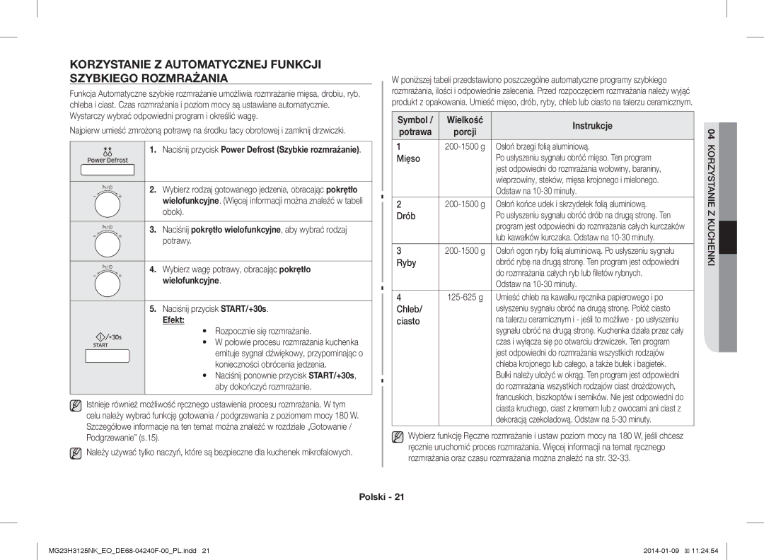 Samsung MG23H3125NK/EO manual Korzystanie Z Automatycznej Funkcji Szybkiego Rozmrażania 