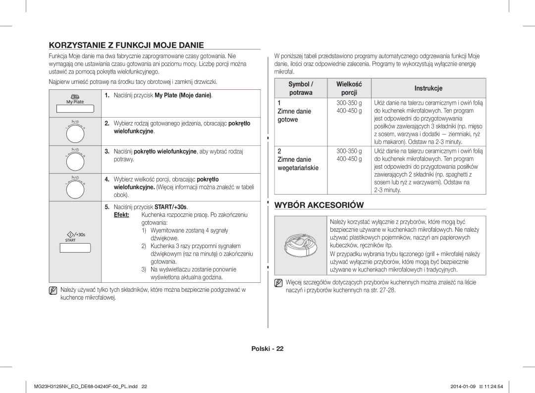 Samsung MG23H3125NK/EO manual Korzystanie Z Funkcji Moje Danie, Wybór Akcesoriów, Naciśnij przycisk My Plate Moje danie 