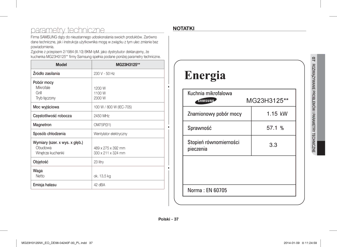 Samsung MG23H3125NK/EO manual Parametry techniczne, Notatki, Powiadomienia, Model MG23H3125 