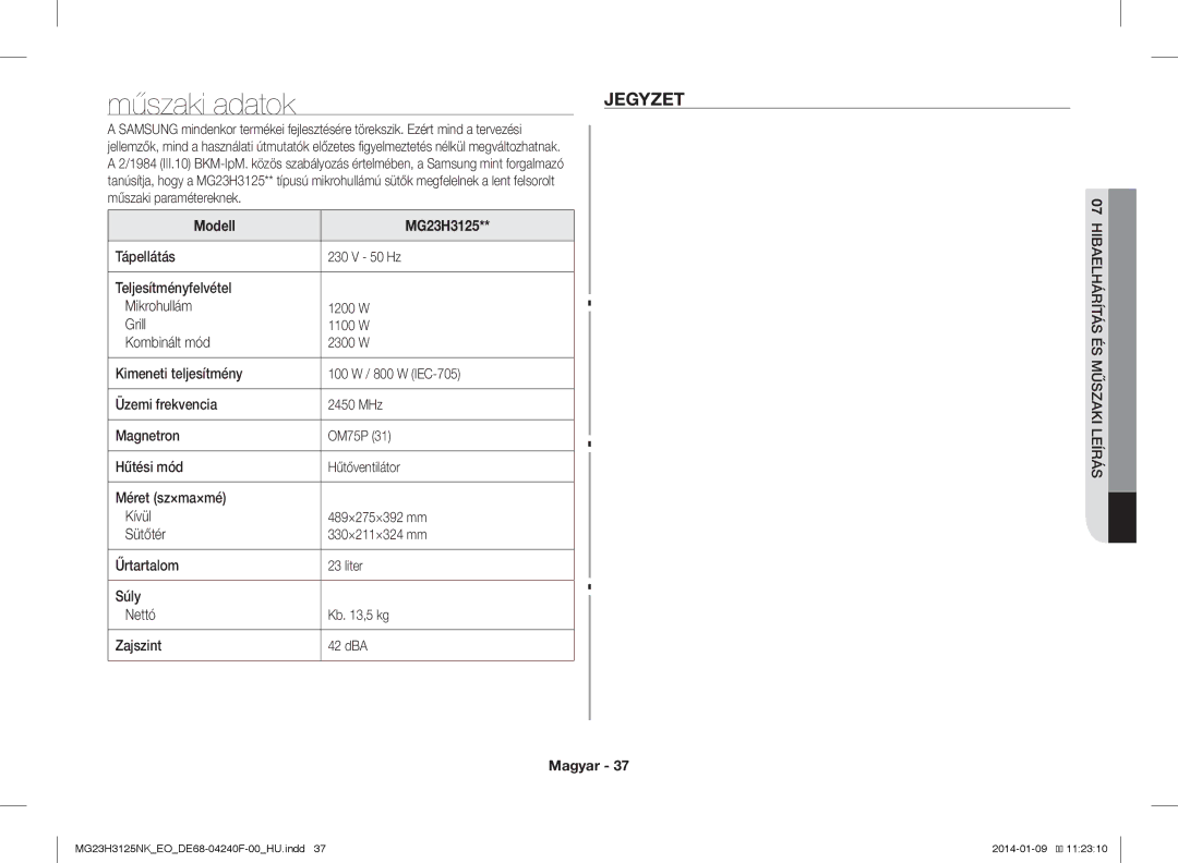 Samsung MG23H3125NK/EO manual Jegyzet, Modell MG23H3125 