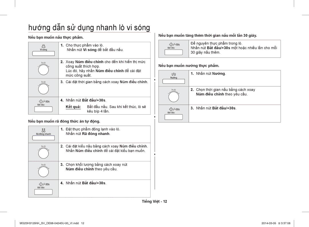 Samsung MG23H3125NK/SV manual Hướng dẫn sử dụng nhanh lò vi sóng 