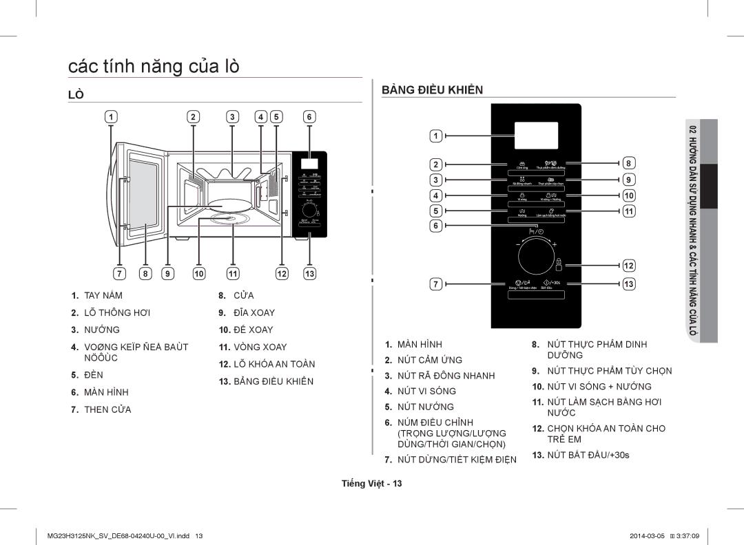 Samsung MG23H3125NK/SV manual Các tính năng của lò, Bảng Điều Khiển, 10. ĐẾ Xoay, NÚT BẮT ĐẦU/+30s 