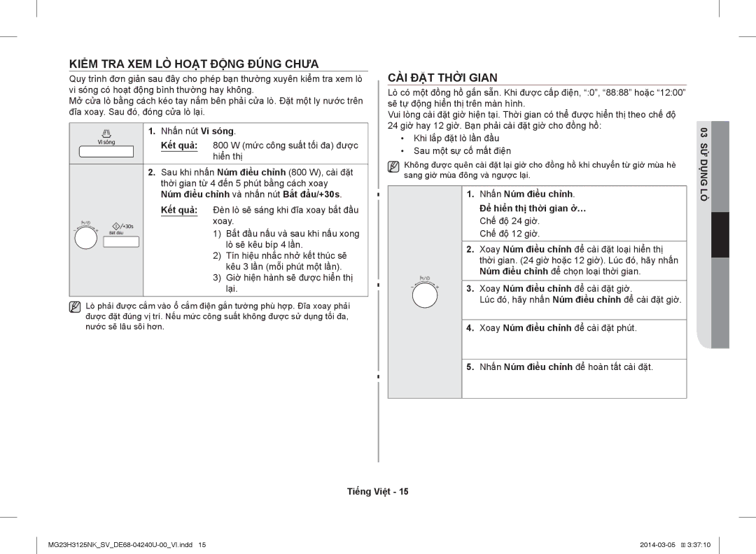 Samsung MG23H3125NK/SV manual Kiểm TRA XEM LÒ Hoạt Động Đúng Chưa CÀI ĐẶT Thời Gian, Để hiển thị thời gian ở… 