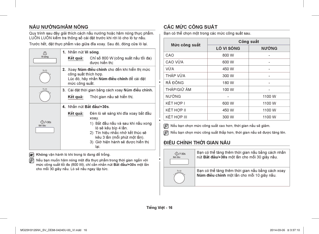 Samsung MG23H3125NK/SV manual NẤU NƯỚNG/HÂM Nóng, CÁC MỨC Công Suất, Điều Chỉnh Thời Gian NẤU, Nhấn nút Vi sóng 