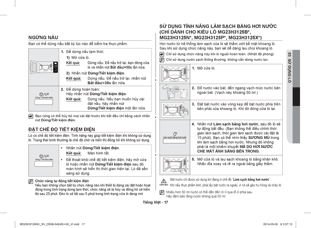 Samsung MG23H3125NK/SV manual Ngừng NẤU, ĐẶT CHẾ ĐỘ Tiết Kiệm Điện 