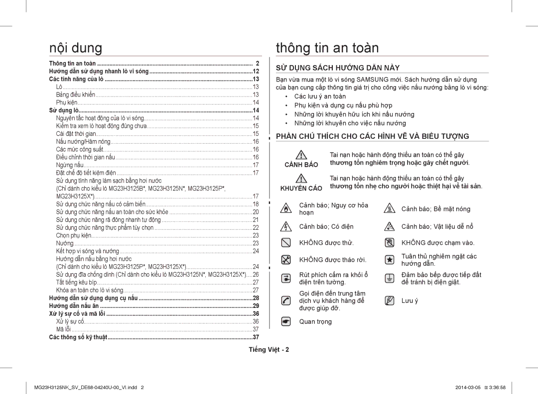 Samsung MG23H3125NK/SV manual Nội dung, Thông tin an toàn, SỬ Dụng Sách Hướng DẪN NÀY, Tiếng Việt 