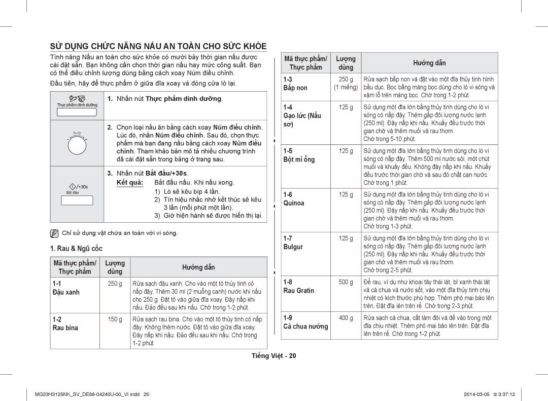 Samsung MG23H3125NK/SV manual SỬ Dụng Chức Năng NẤU AN Toàn CHO SỨC Khỏe, Rau & Ngũ cốc 