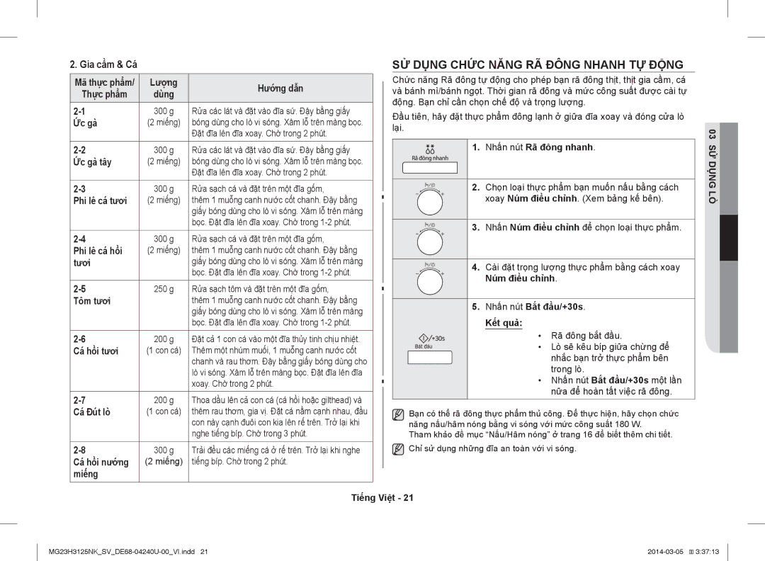 Samsung MG23H3125NK/SV manual SỬ Dụng Chức Năng RÃ Đông Nhanh TỰ Động, Gia cầm & Cá 