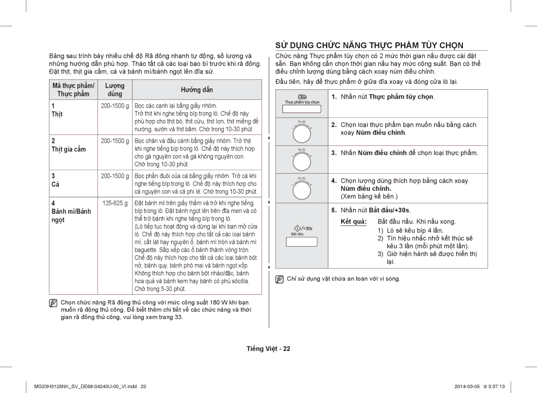 Samsung MG23H3125NK/SV manual SỬ Dụng Chức Năng Thực Phẩm TÙY Chọn 