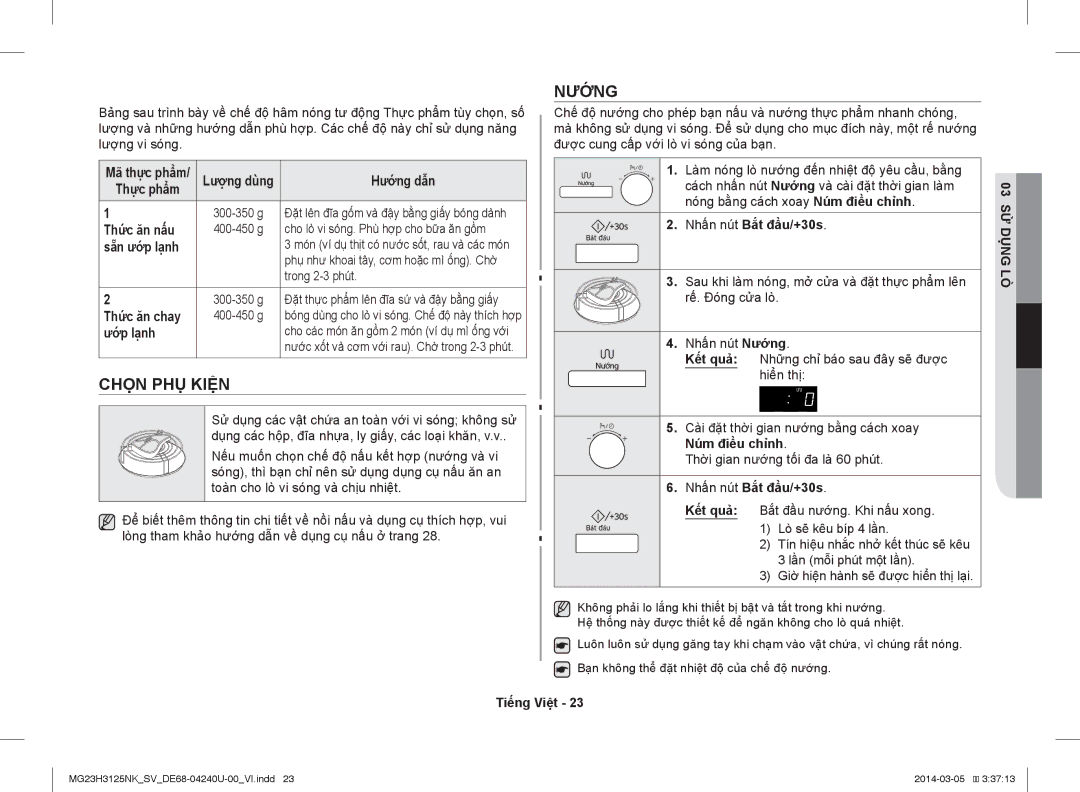 Samsung MG23H3125NK/SV manual Nướng, Chọn PHỤ Kiện 