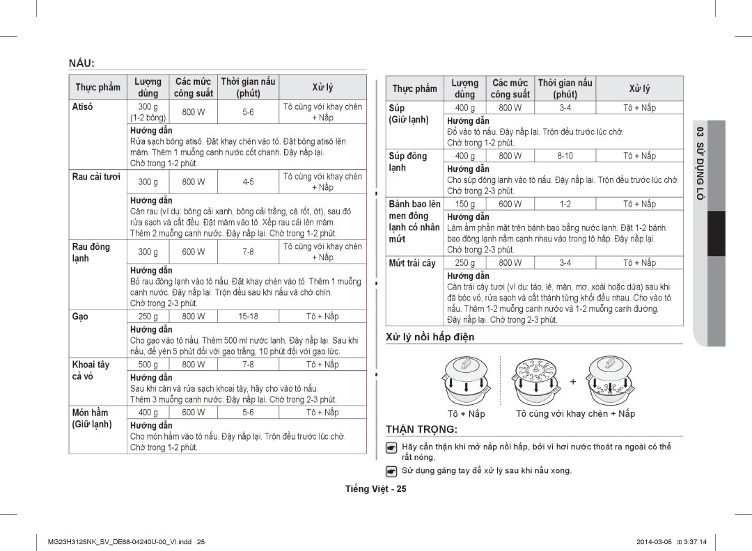 Samsung MG23H3125NK/SV manual Nấu, Xử lý nồi hấp điện, Thận Trọng 