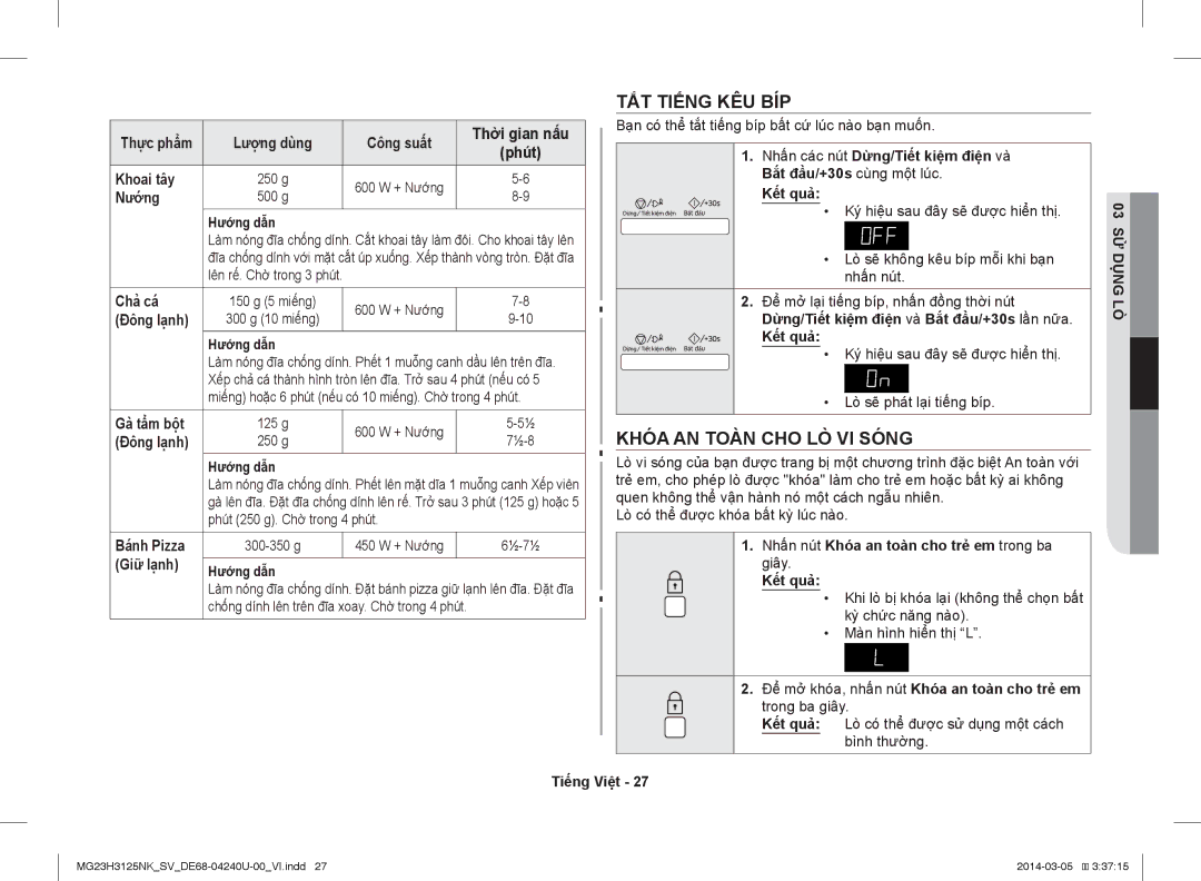 Samsung MG23H3125NK/SV manual TẮT Tiếng KÊU BÍP, Khóa AN Toàn CHO LÒ VI Sóng 