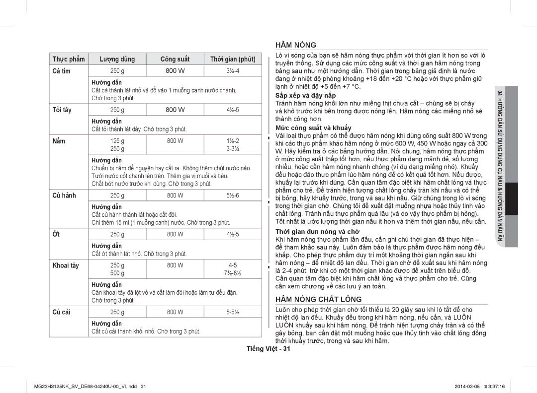 Samsung MG23H3125NK/SV manual HÂM Nóng Chất Lỏng 