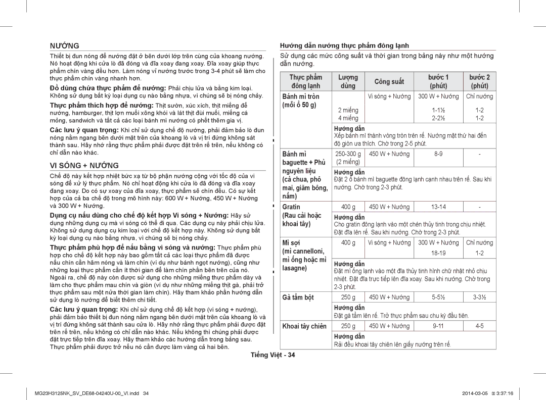 Samsung MG23H3125NK/SV manual VI Sóng + Nướng 