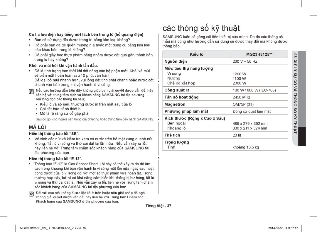 Samsung MG23H3125NK/SV manual Các thông số kỹ thuật, Mã Lỗi 