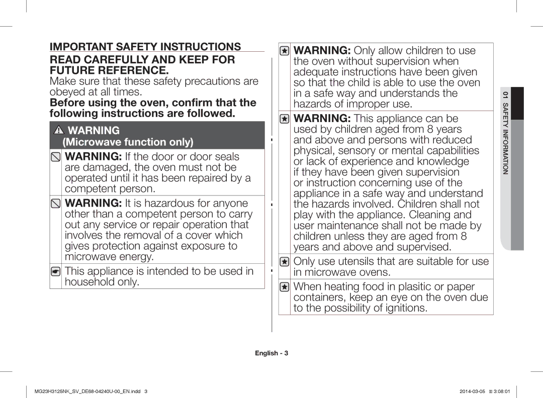 Samsung MG23H3125NK/SV manual Read Carefully and Keep for Future Reference 