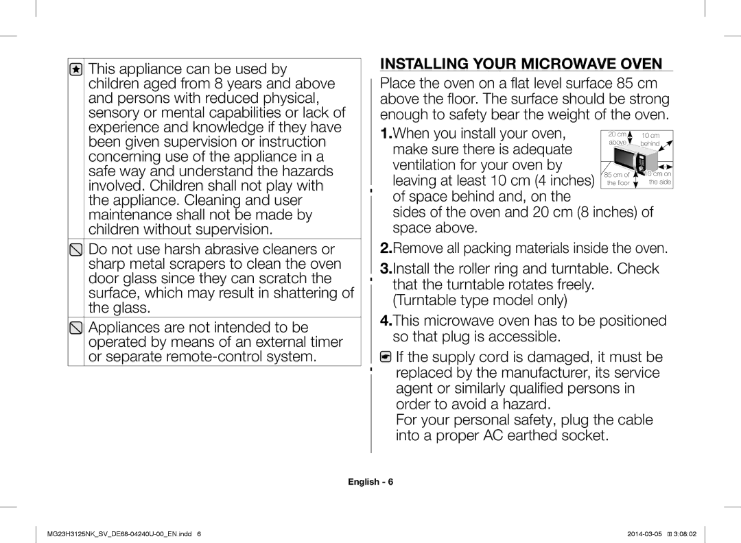 Samsung MG23H3125NK/SV manual Installing Your Microwave Oven 