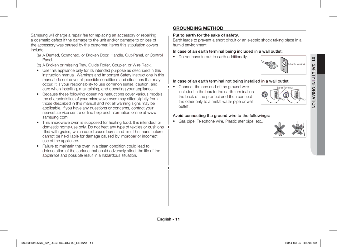 Samsung MG23H3125NK/SV manual Grounding Method, Put to earth for the sake of safety 