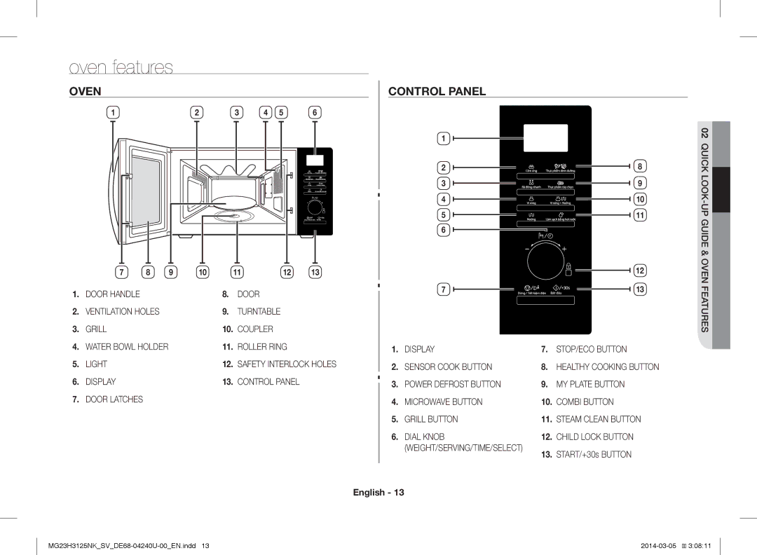 Samsung MG23H3125NK/SV manual Oven features, Control Panel, START/+30s Button 