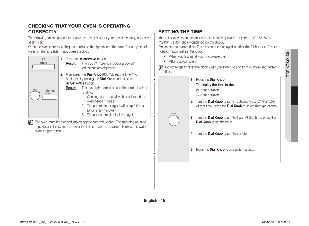 Samsung MG23H3125NK/SV manual Checking That Your Oven is Operating Correctly, Setting the Time, To display the time 