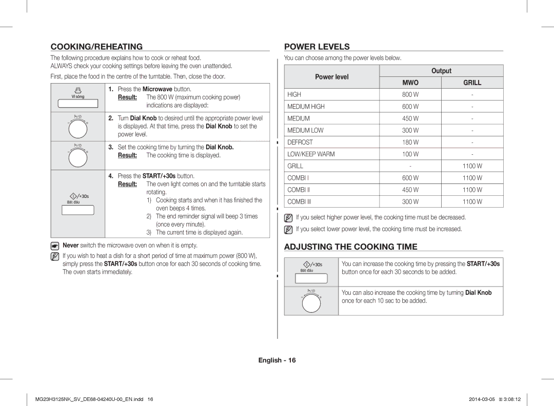 Samsung MG23H3125NK/SV manual Cooking/Reheating, Power Levels, Adjusting the Cooking Time, Power level Output 