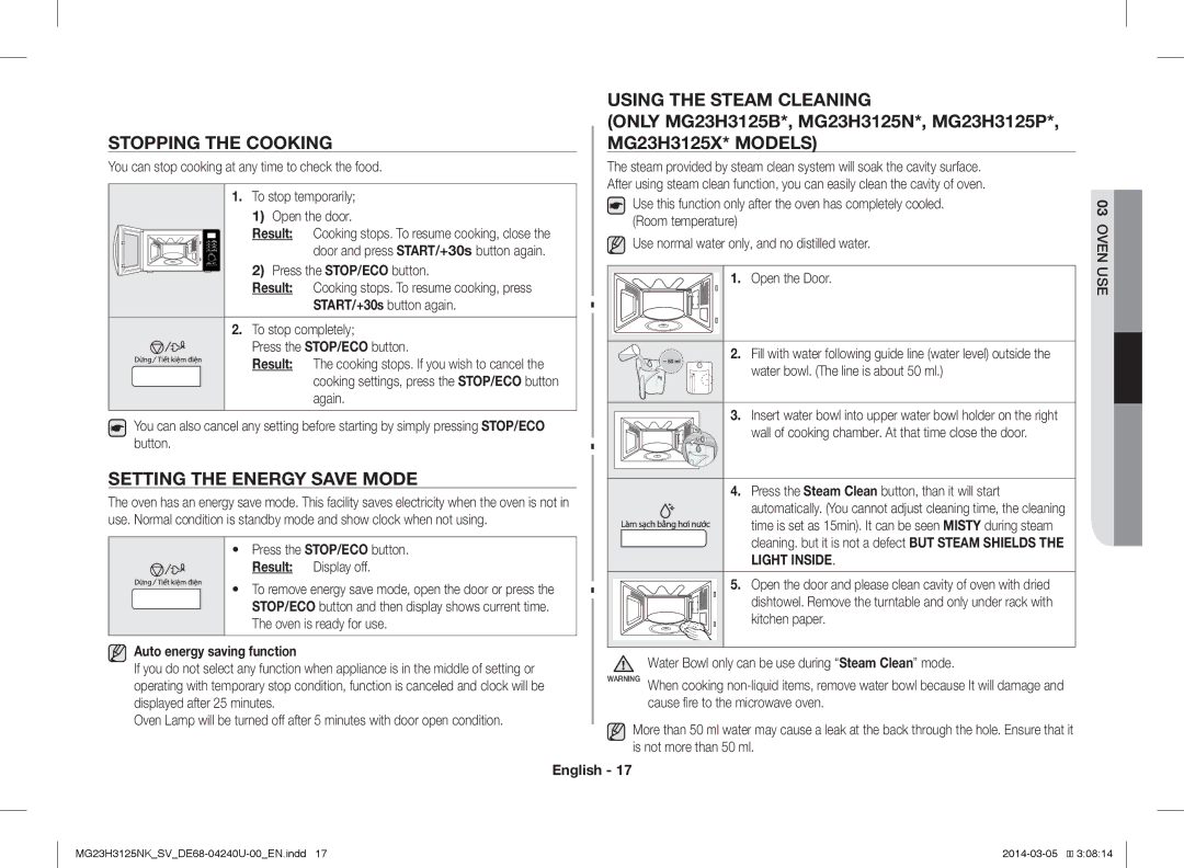 Samsung MG23H3125NK/SV Using the Steam Cleaning, Stopping the Cooking, MG23H3125X* Models, Setting the Energy Save Mode 