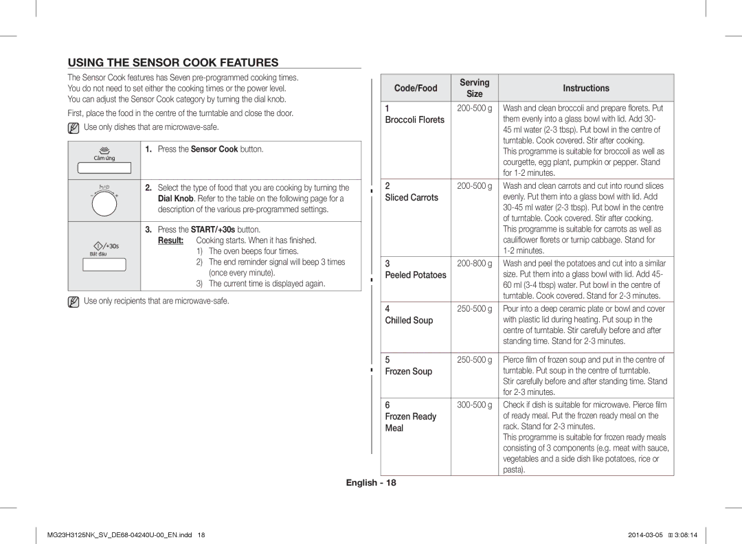 Samsung MG23H3125NK/SV manual Using the Sensor Cook Features, Code/Food 