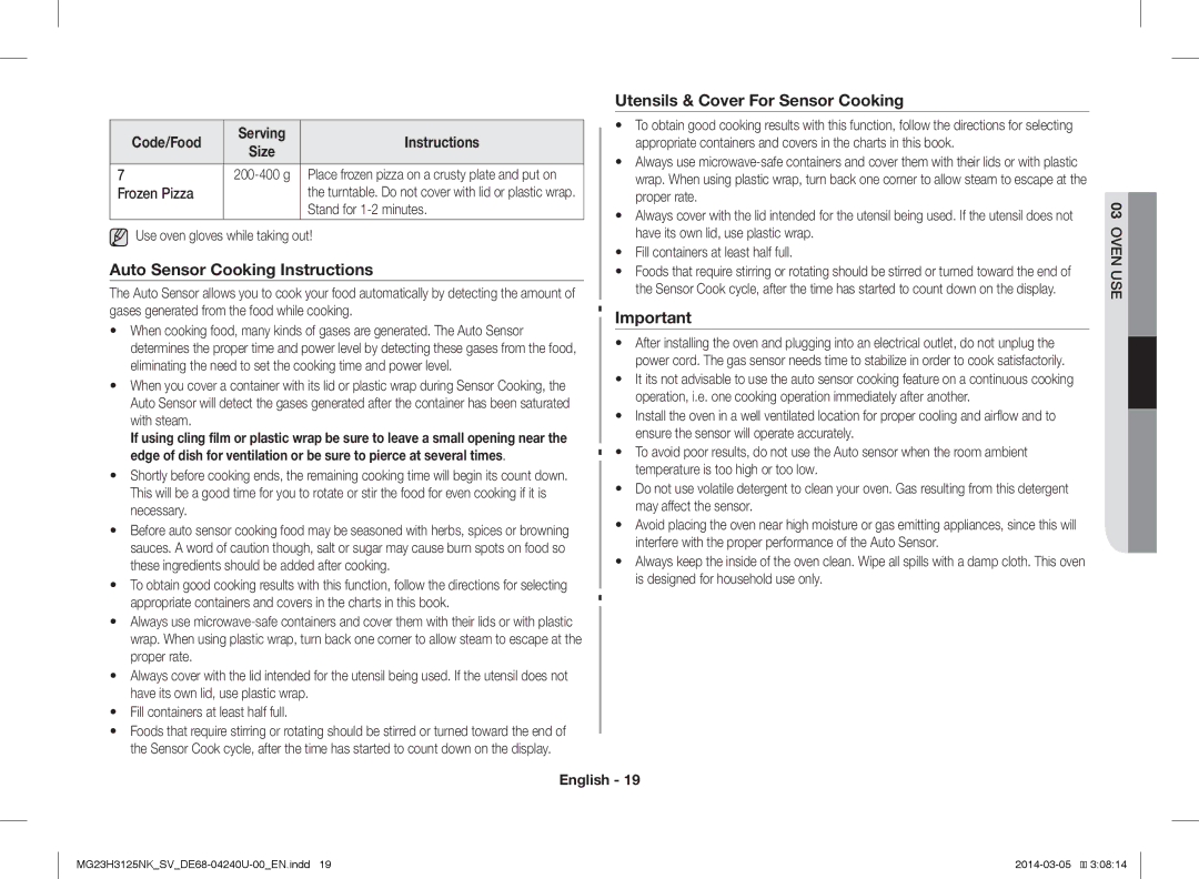 Samsung MG23H3125NK/SV manual Auto Sensor Cooking Instructions, Utensils & Cover For Sensor Cooking, Stand for 1-2 minutes 