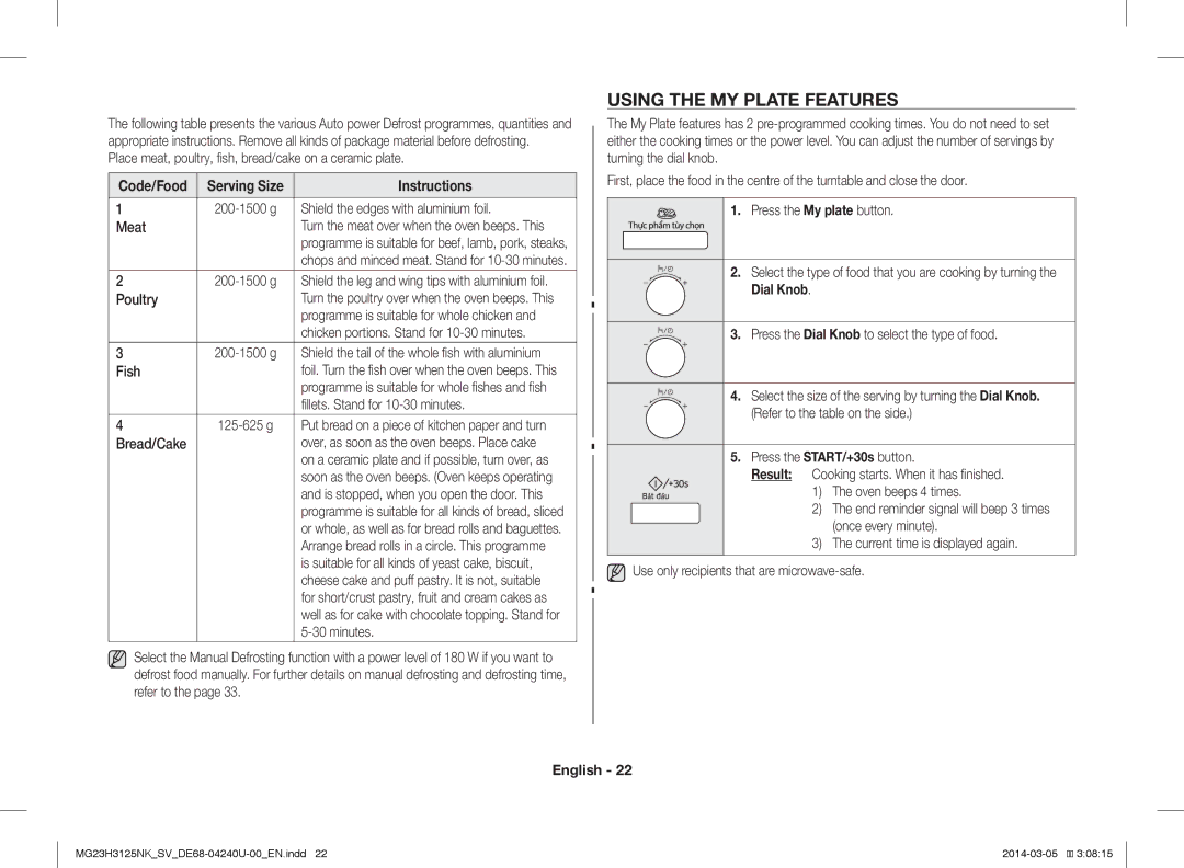 Samsung MG23H3125NK/SV manual Using the MY Plate Features, Code/Food Serving Size 