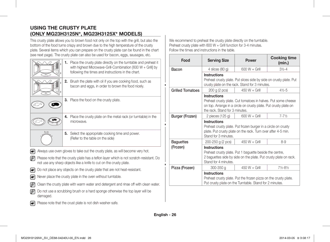 Samsung MG23H3125NK/SV manual Using the Crusty Plate, Food Serving Size Power Cooking time 