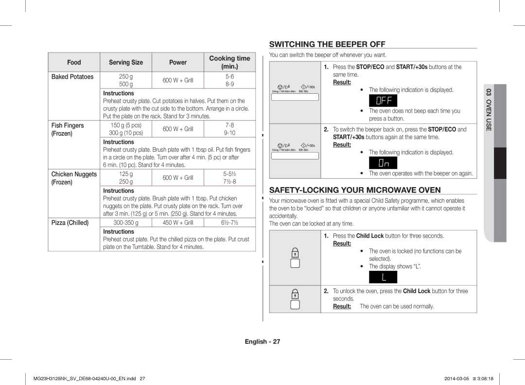 Samsung MG23H3125NK/SV manual Switching the Beeper OFF, SAFETY-LOCKING Your Microwave Oven 