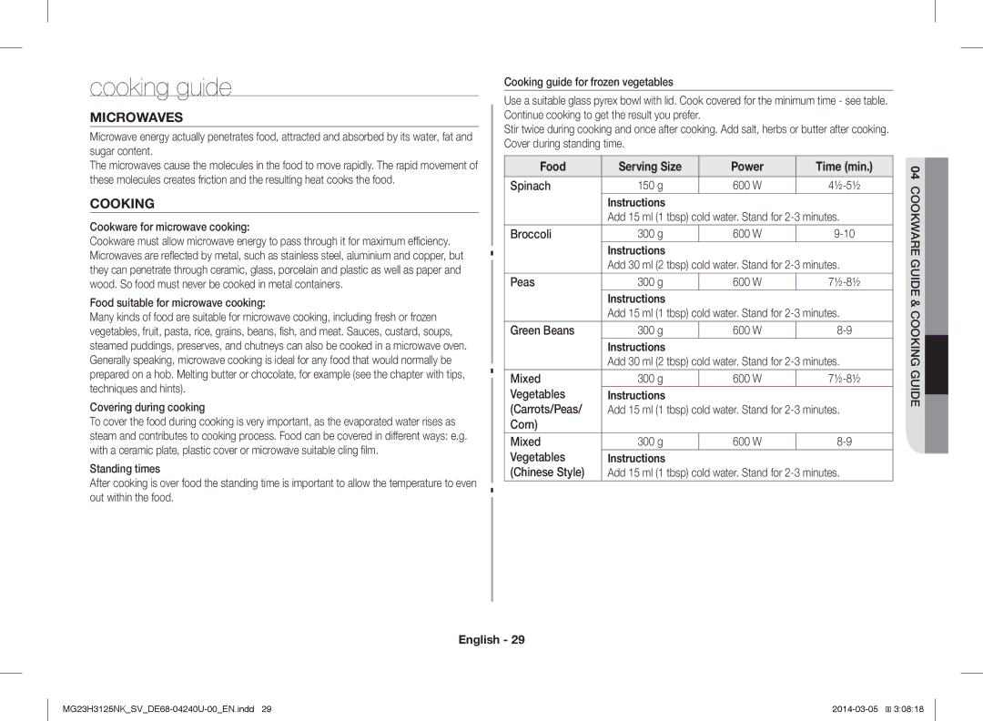 Samsung MG23H3125NK/SV manual Cooking guide, Microwaves, Food Serving Size Power Time min 