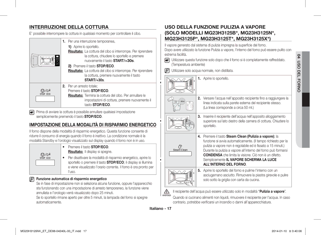 Samsung MG23H3125NW/ET, MG23H3125TK/ET Interruzione Della Cottura, Impostazione Della Modalità DI Risparmio Energetico 