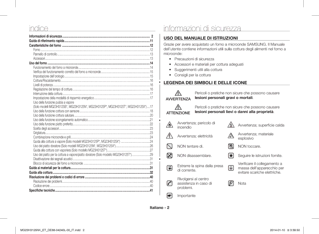 Samsung MG23H3125TK/ET, MG23H3125NW/ET manual Indice, Informazioni di sicurezza, USO DEL Manuale DI Istruzioni, Italiano 