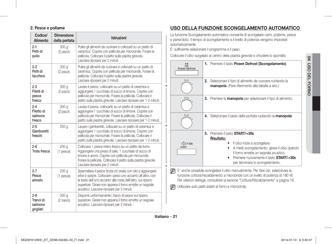 Samsung MG23H3125NW/ET manual USO Della Funzione Scongelamento Automatico, Premere il tasto Power Defrost Scongelamento 