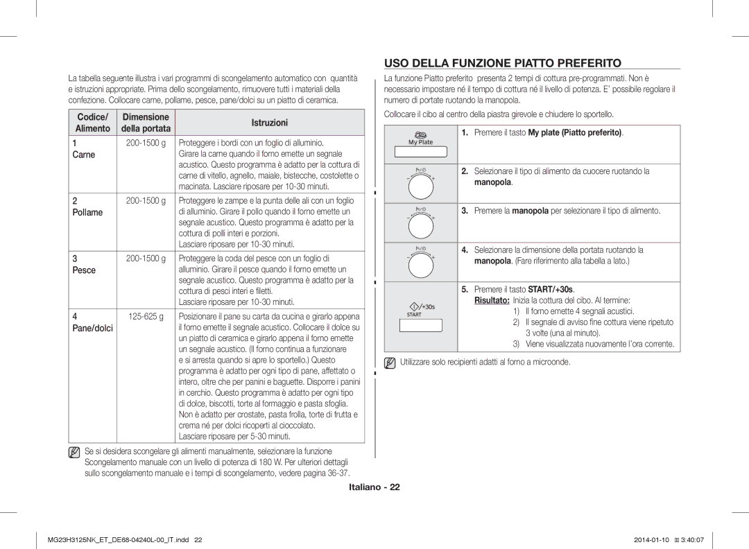 Samsung MG23H3125TK/ET, MG23H3125NW/ET USO Della Funzione Piatto Preferito, Premere il tasto My plate Piatto preferito 