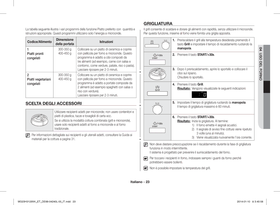 Samsung MG23H3125NW/ET, MG23H3125TK/ET manual Scelta Degli Accessori, Grigliatura 