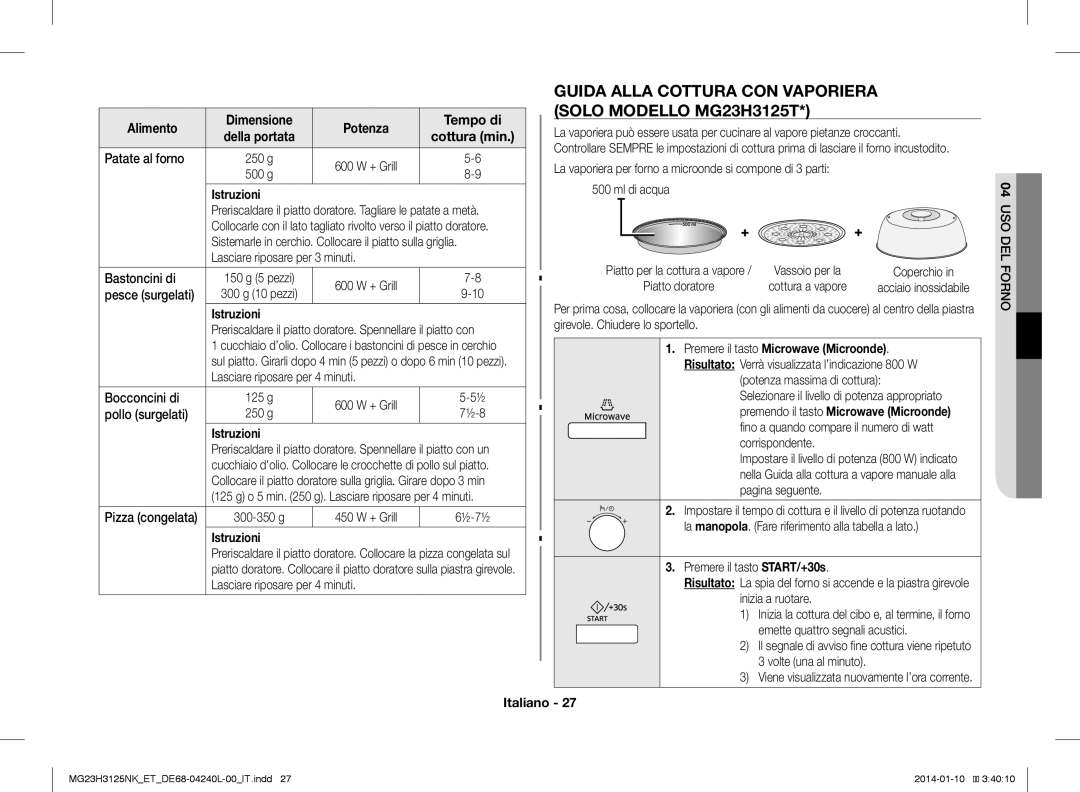 Samsung MG23H3125NW/ET Guida Alla Cottura CON Vaporiera, Solo Modello MG23H3125T, Premere il tasto Microwave Microonde 