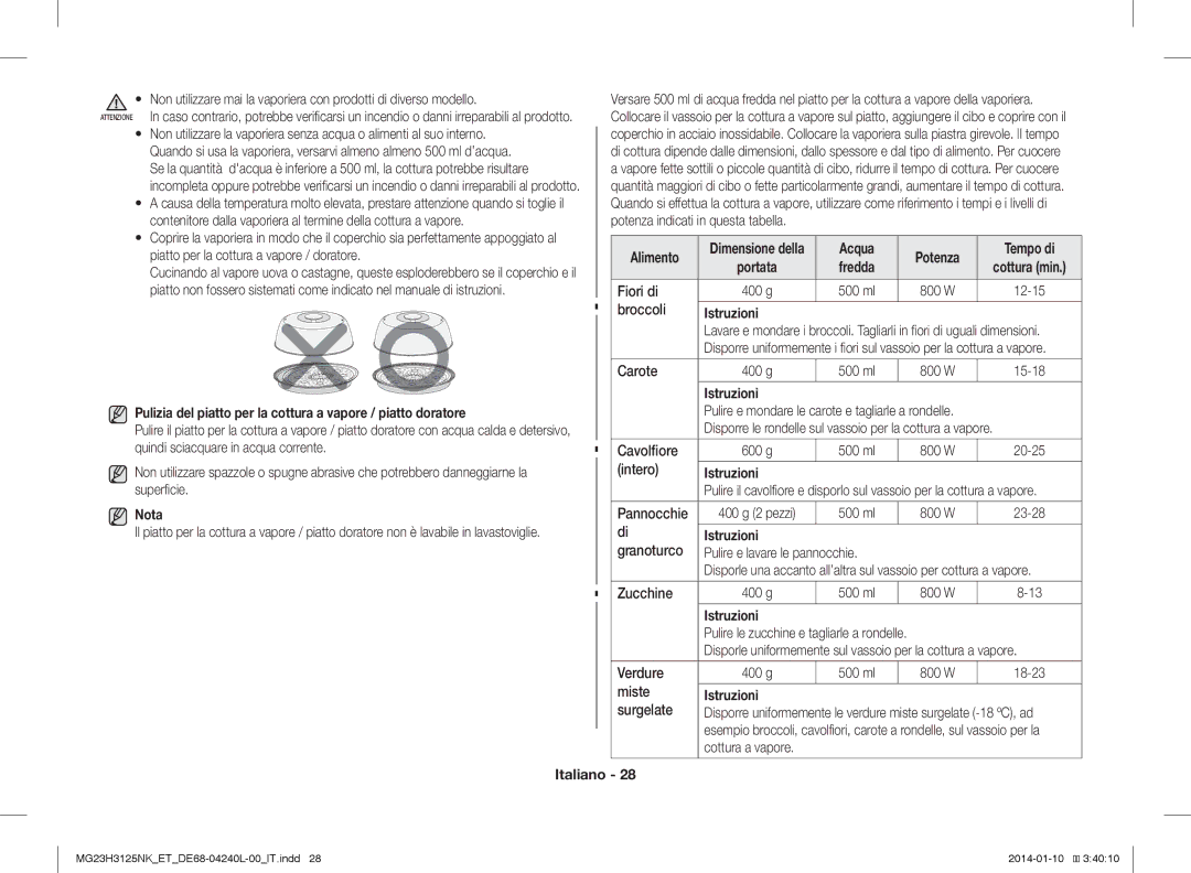 Samsung MG23H3125TK/ET, MG23H3125NW/ET manual Acqua, Fredda, Nota 