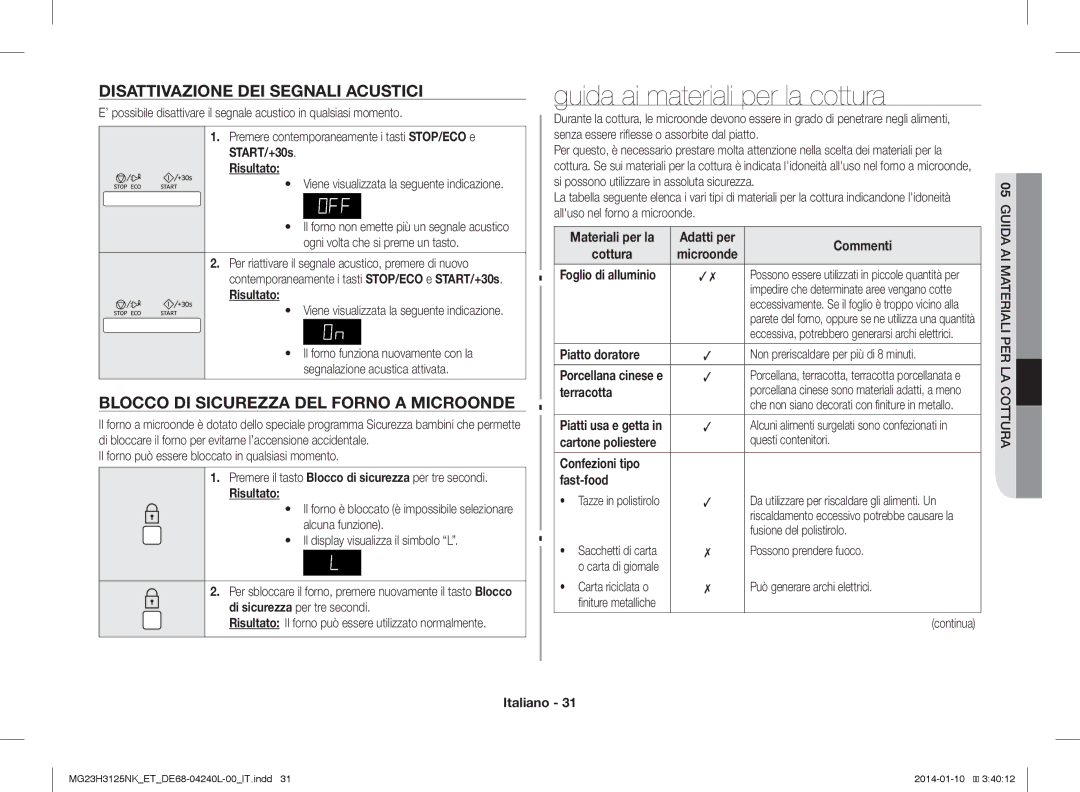 Samsung MG23H3125NW/ET, MG23H3125TK/ET manual Guida ai materiali per la cottura, Disattivazione DEI Segnali Acustici 