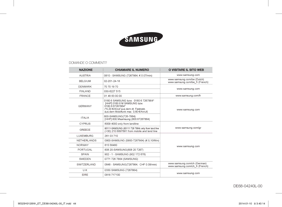 Samsung MG23H3125TK/ET, MG23H3125NW/ET manual DE68-04240L-00 