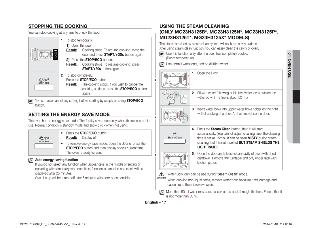 Samsung MG23H3125NW/ET, MG23H3125TK/ET manual Stopping the Cooking, Setting the Energy Save Mode, Using the Steam Cleaning 