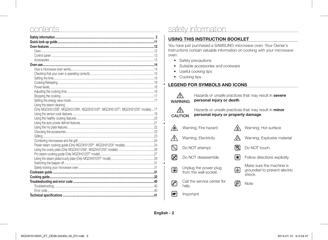 Samsung MG23H3125TK/ET, MG23H3125NW/ET manual Contents, Safety information 