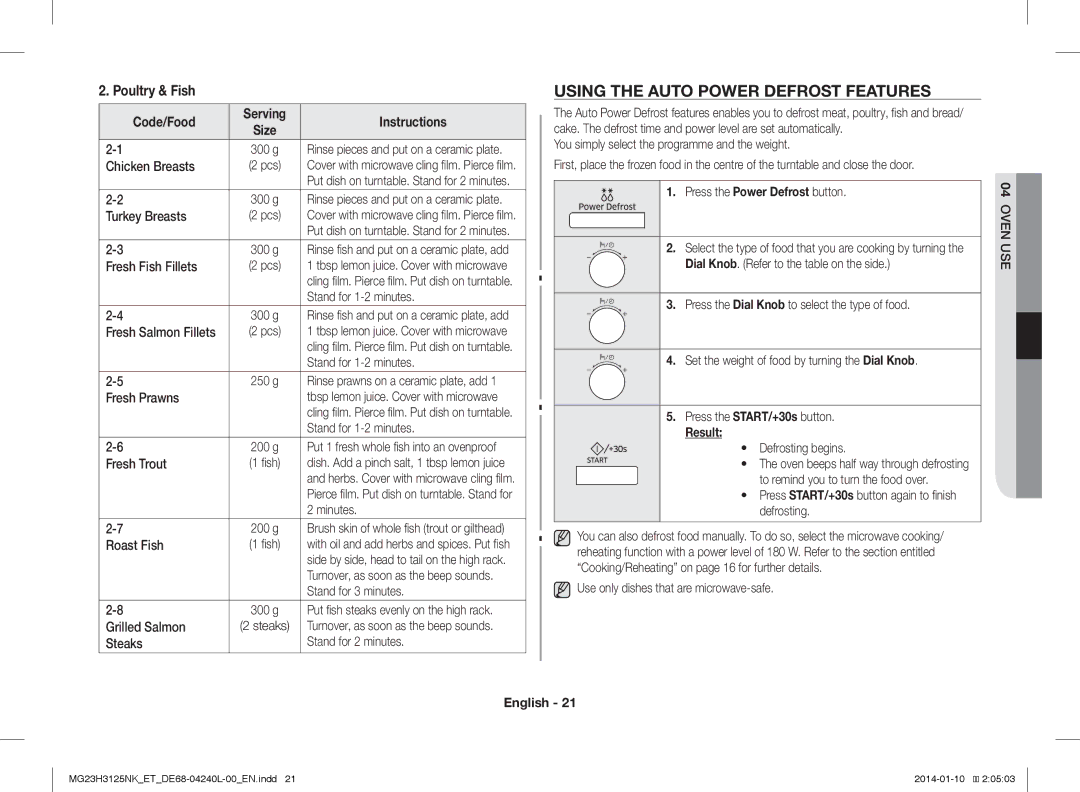 Samsung MG23H3125NW/ET, MG23H3125TK/ET manual Using the Auto Power Defrost Features, Press the Power Defrost button, Result 