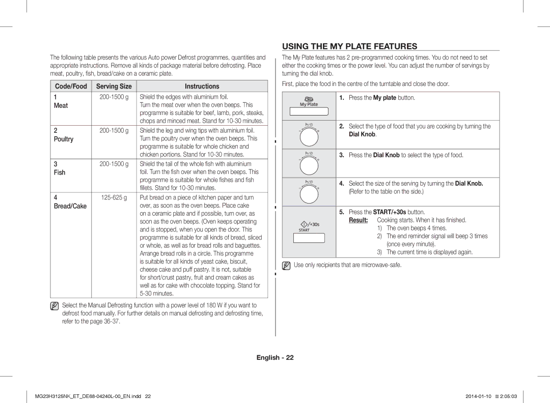 Samsung MG23H3125TK/ET, MG23H3125NW/ET manual Using the MY Plate Features, Code/Food Serving Size 