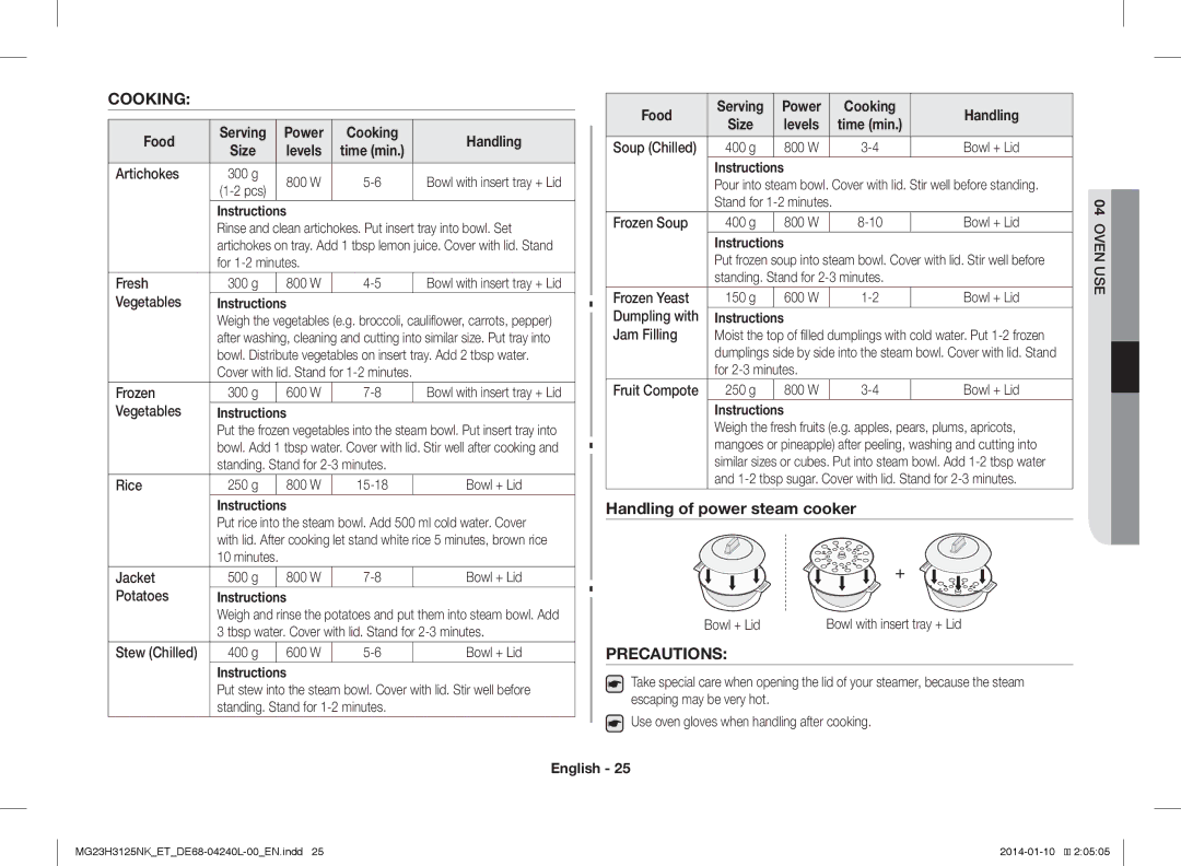 Samsung MG23H3125NW/ET, MG23H3125TK/ET manual Cooking, Precautions, Food, Handling 